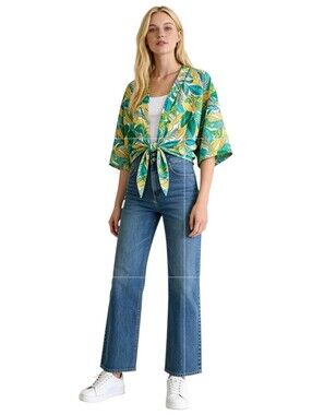 HIPPIE ROSE Kimono Top Tropical Leaf Print Tie Front Green Yellow SMALL